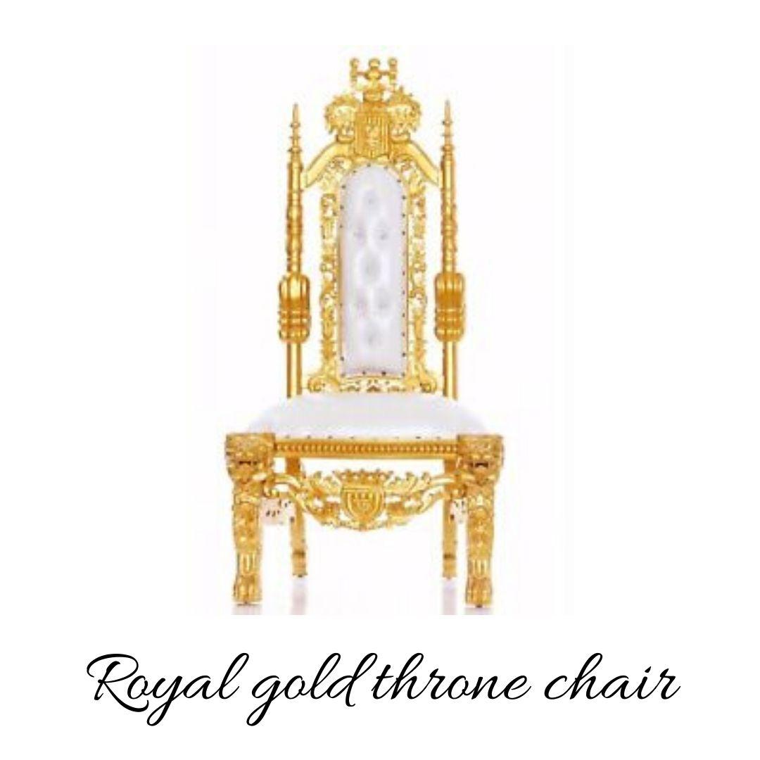 A gold throne chair with the words " royal gold throne chair ".