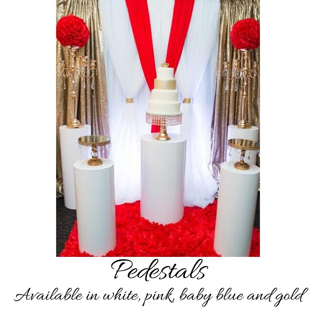 A white pedestal with red and gold accents