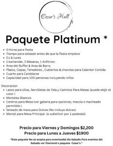 A menu for the platinum restaurant in the city of san juan.